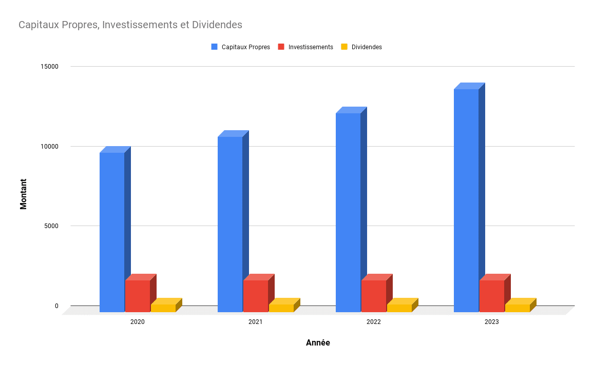 graphique évolution capitaux propres avec investissements et dividendes